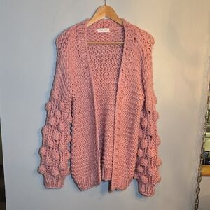 Sweet Generis Chunky Cable Knit Crochet Pink Ball Oversize Cardigan Sweater NWOT